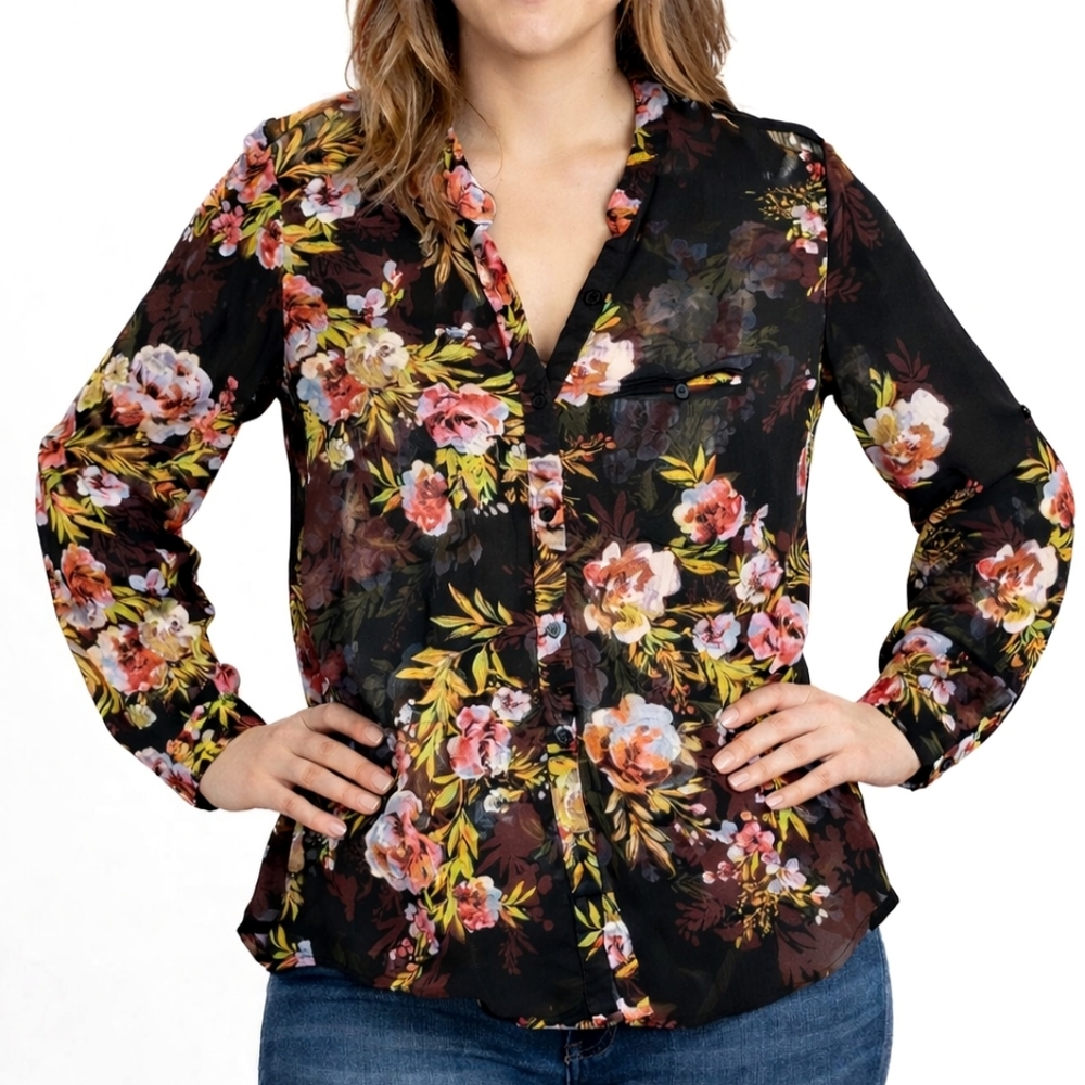 Kut From The Kloth Shirt Womens Medium Floral‎ Sheer Button Up Long Sleeve Top